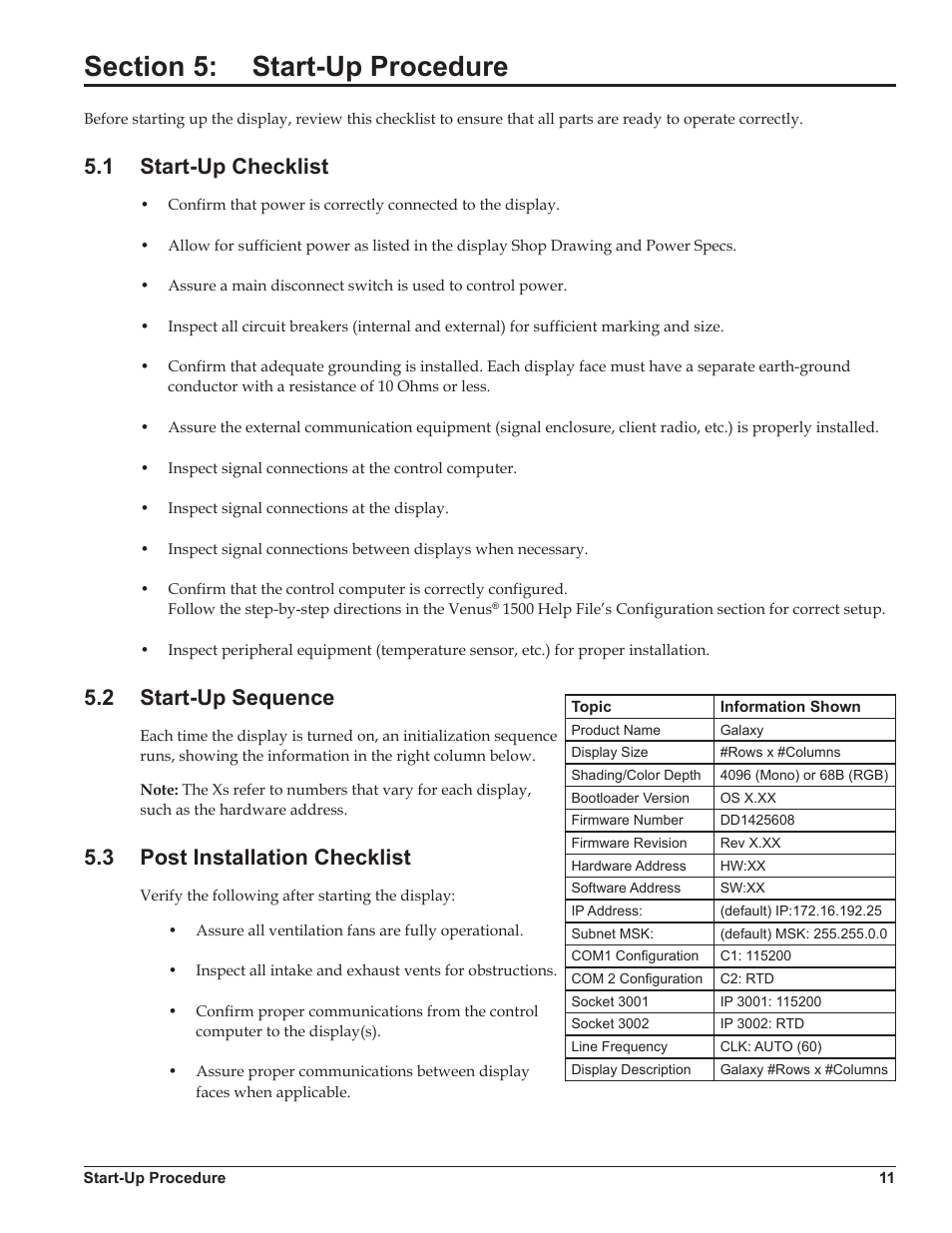 Section 5: start-up procedure, 1 start-up checklist, 2 start-up sequence | 3 post installation checklist, Section 5, Start-up procedure, Start-up checklist, Start-up sequence, Post installation checklist | Daktronics Galaxy AF-3500 Series Double Face User Manual | Page 15 / 41