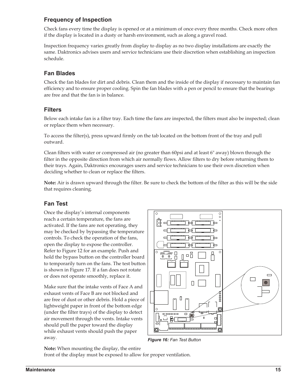 Frequency of inspection, Fan blades, Filters | Fan test, Maintenance 15 | Daktronics Galaxy AF-3500 Series Double Face User Manual | Page 19 / 41