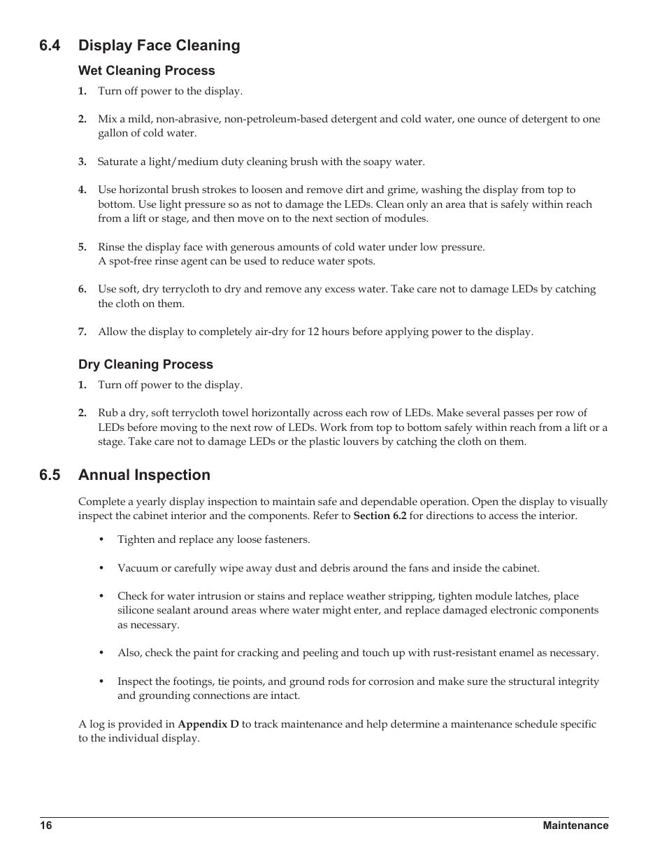 4 display face cleaning, Dry cleaning process, 5 annual inspection | Display face cleaning, Annual inspection | Daktronics Galaxy AF-3500 Series Double Face User Manual | Page 20 / 41