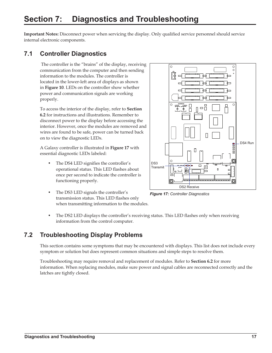 Section 7: diagnostics and troubleshooting, 1 controller diagnostics, 2 troubleshooting display problems | Section 7, Diagnostics and troubleshooting, Controller diagnostics, Troubleshooting display problems | Daktronics Galaxy AF-3500 Series Double Face User Manual | Page 21 / 41