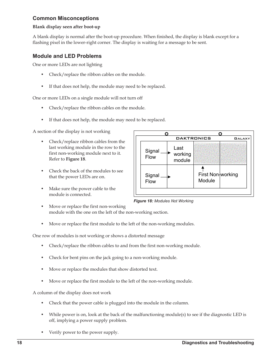 Common misconceptions, Module and led problems, Common misconceptions module and led problems | Daktronics | Daktronics Galaxy AF-3500 Series Double Face User Manual | Page 22 / 41