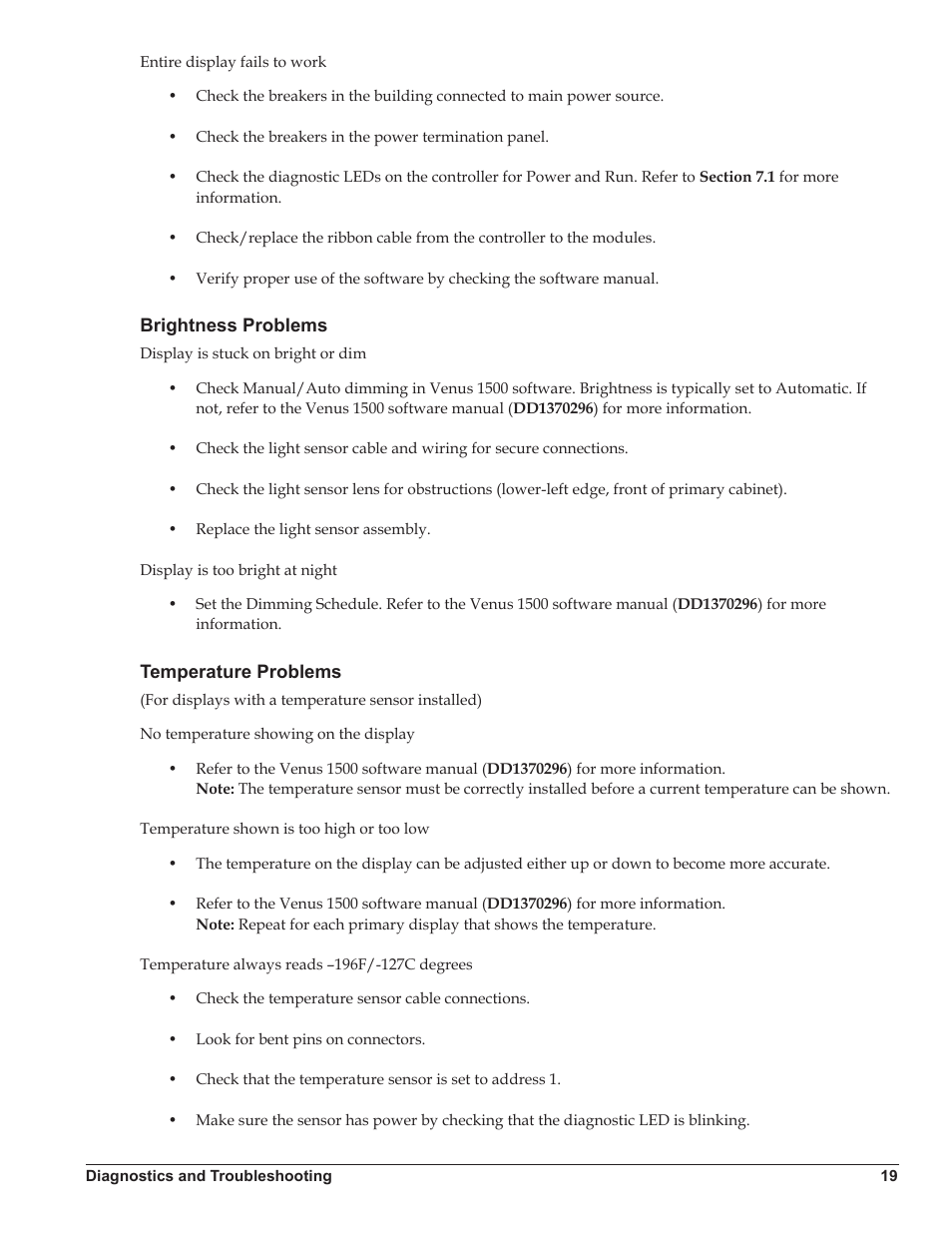 Brightness problems, Temperature problems, Brightness problems temperature problems | Daktronics Galaxy AF-3500 Series Double Face User Manual | Page 23 / 41