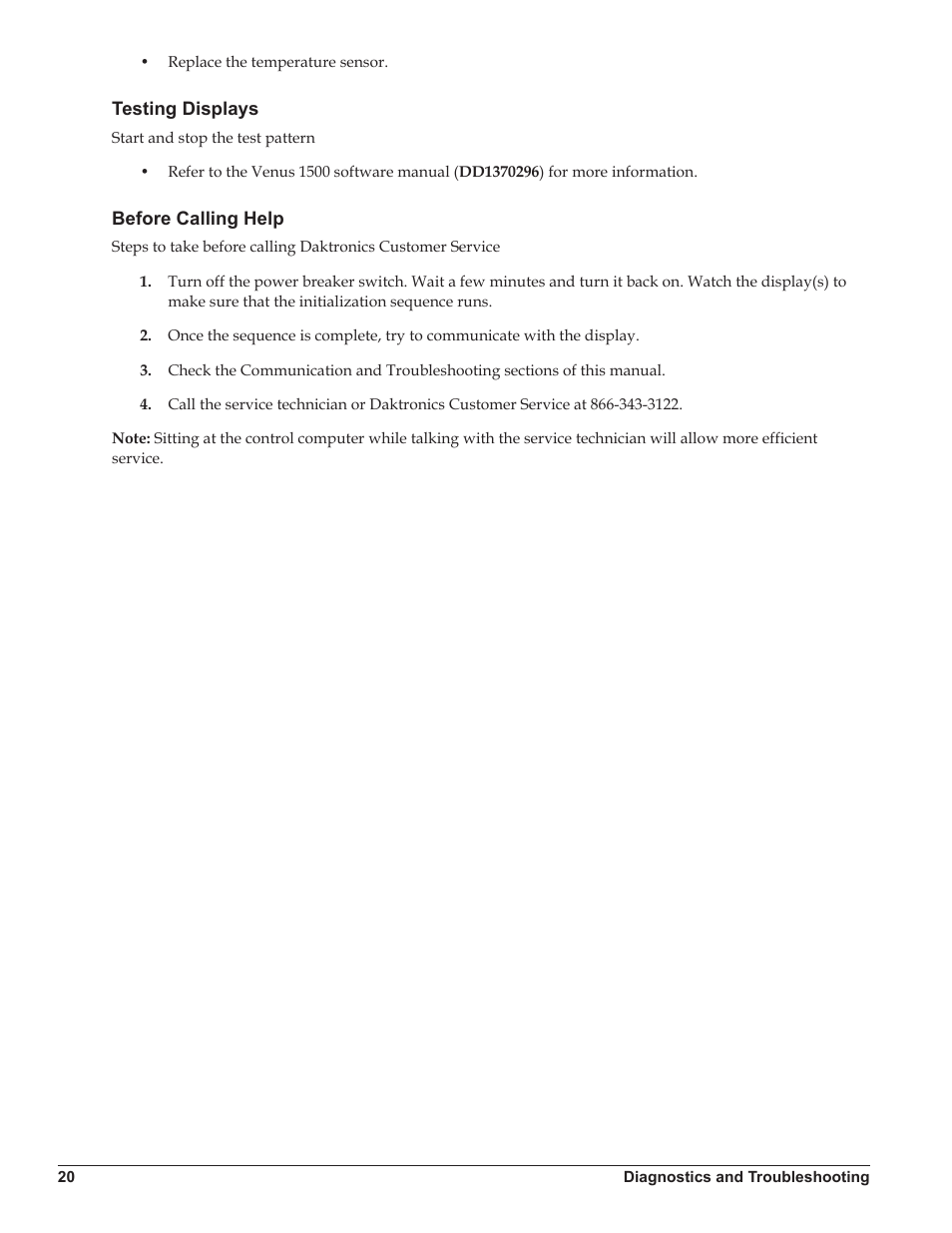 Testing displays, Before calling help, Testing displays before calling help | Daktronics Galaxy AF-3500 Series Double Face User Manual | Page 24 / 41