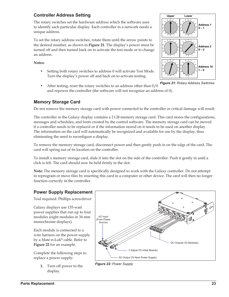 Controller address setting, Memory storage card, Power supply replacement | And figure 21, Parts replacement 23, Figure 21: rotary address switches, Figure 22: power supply | Daktronics Galaxy AF-3500 Series Double Face User Manual | Page 27 / 41