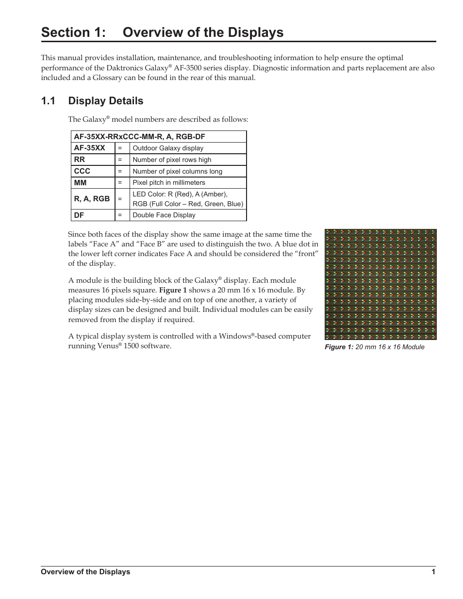 Section 1: overview of the displays, 1 display details, Section 1 | Overview of the displays, Display details | Daktronics Galaxy AF-3500 Series Double Face User Manual | Page 5 / 41