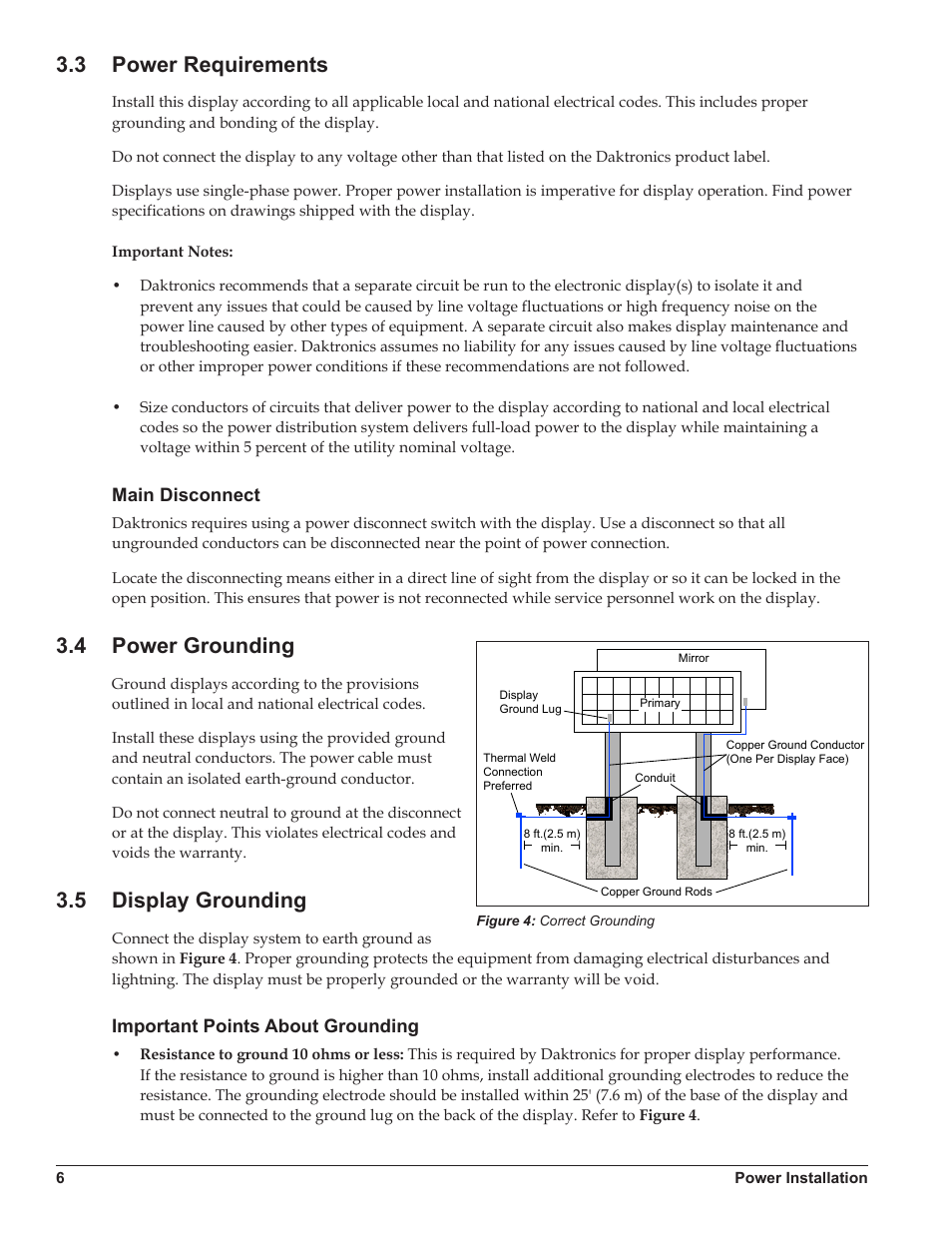 3 power requirements, Main disconnect, 4 power grounding | 5 display grounding, Important points about grounding, Power requirements, Power grounding, Display grounding | Daktronics Galaxy AF-3500/3550 User Manual | Page 10 / 47