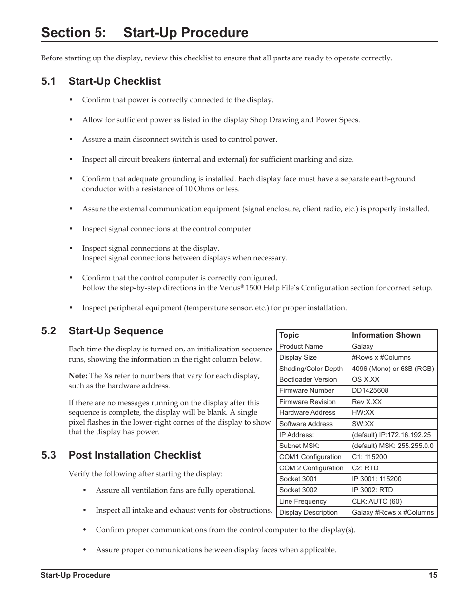 Section 5: start-up procedure, 1 start-up checklist, 2 start-up sequence | 3 post installation checklist, Section 5, Start-up procedure, Start-up checklist, Start-up sequence, Post installation checklist | Daktronics Galaxy AF-3500/3550 User Manual | Page 19 / 47