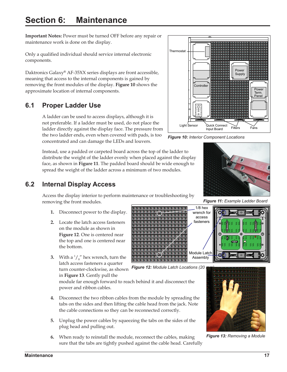 Section 6: maintenance, 1 proper ladder use, 2 internal display access | Section 6, Maintenance, Proper ladder use, Internal display access | Daktronics Galaxy AF-3500/3550 User Manual | Page 21 / 47