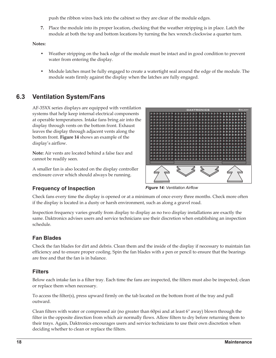 3 ventilation system/fans, Frequency of inspection, Fan blades | Filters, Ventilation system/fans, Frequency of inspection fan blades filters | Daktronics Galaxy AF-3500/3550 User Manual | Page 22 / 47