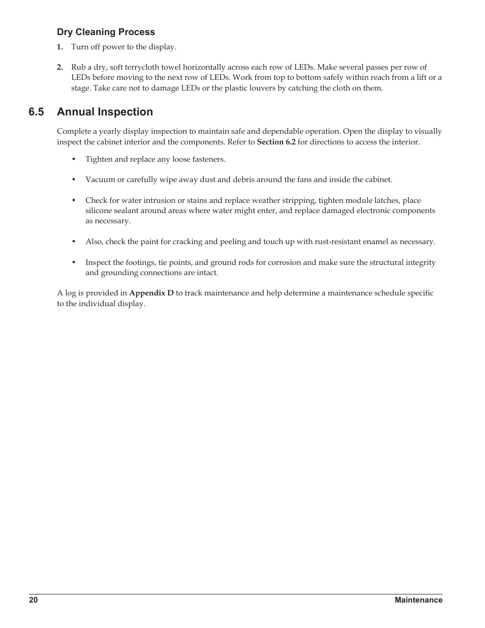Dry cleaning process, 5 annual inspection, Annual inspection | Daktronics Galaxy AF-3500/3550 User Manual | Page 24 / 47