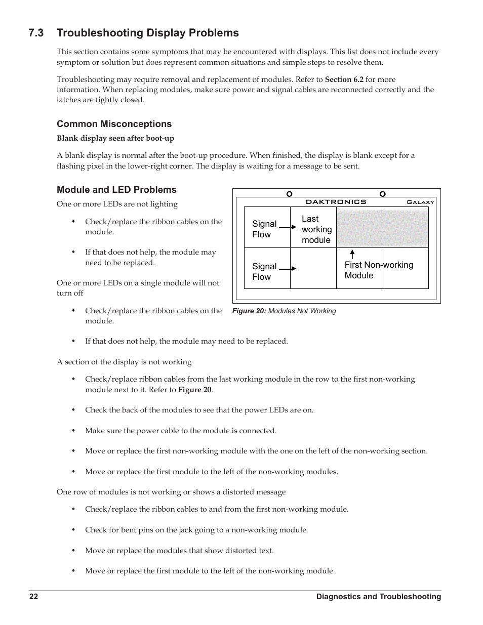 3 troubleshooting display problems, Common misconceptions, Module and led problems | Troubleshooting display problems, Common misconceptions module and led problems, Daktronics | Daktronics Galaxy AF-3500/3550 User Manual | Page 26 / 47