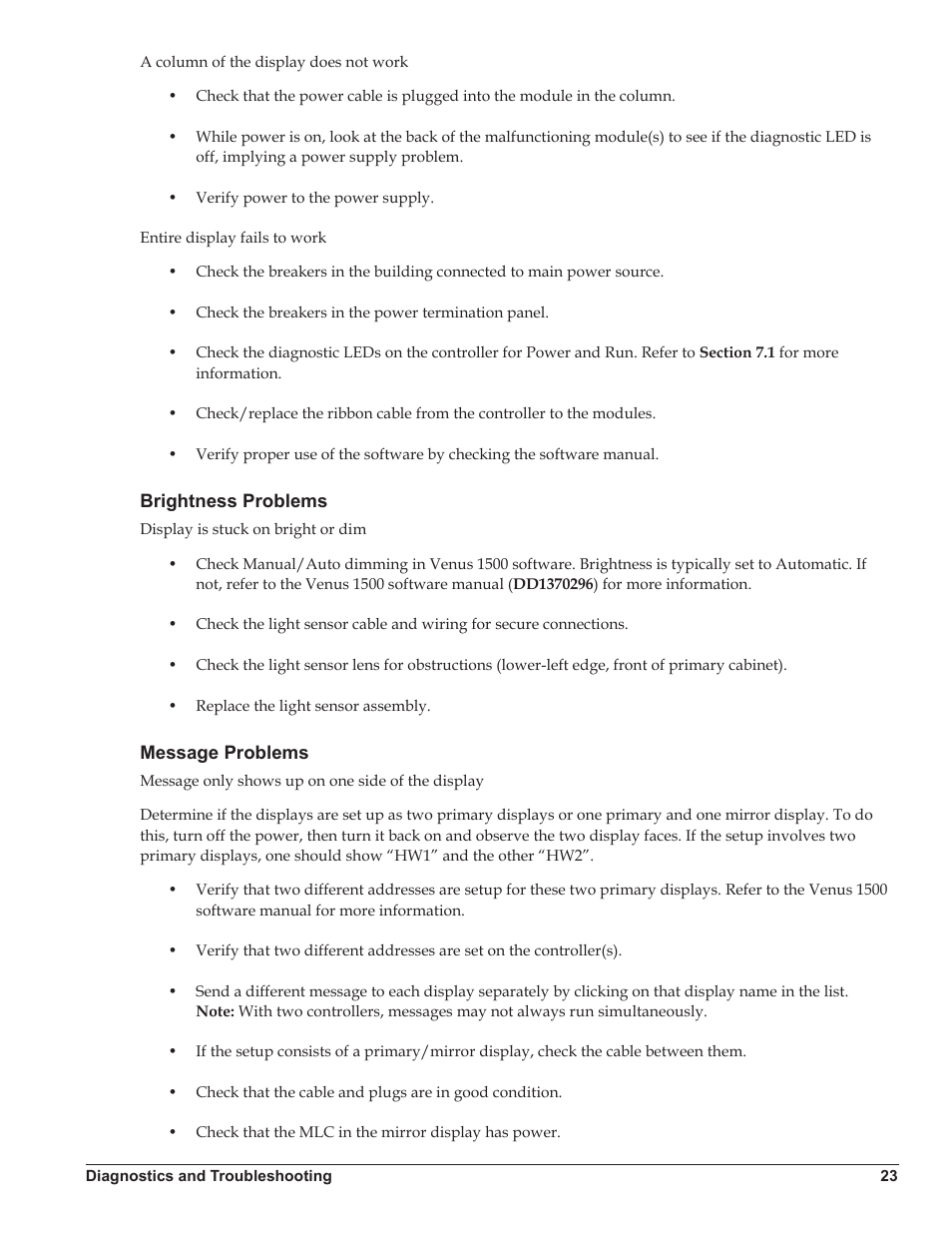 Brightness problems, Message problems, Brightness problems message problems | Daktronics Galaxy AF-3500/3550 User Manual | Page 27 / 47