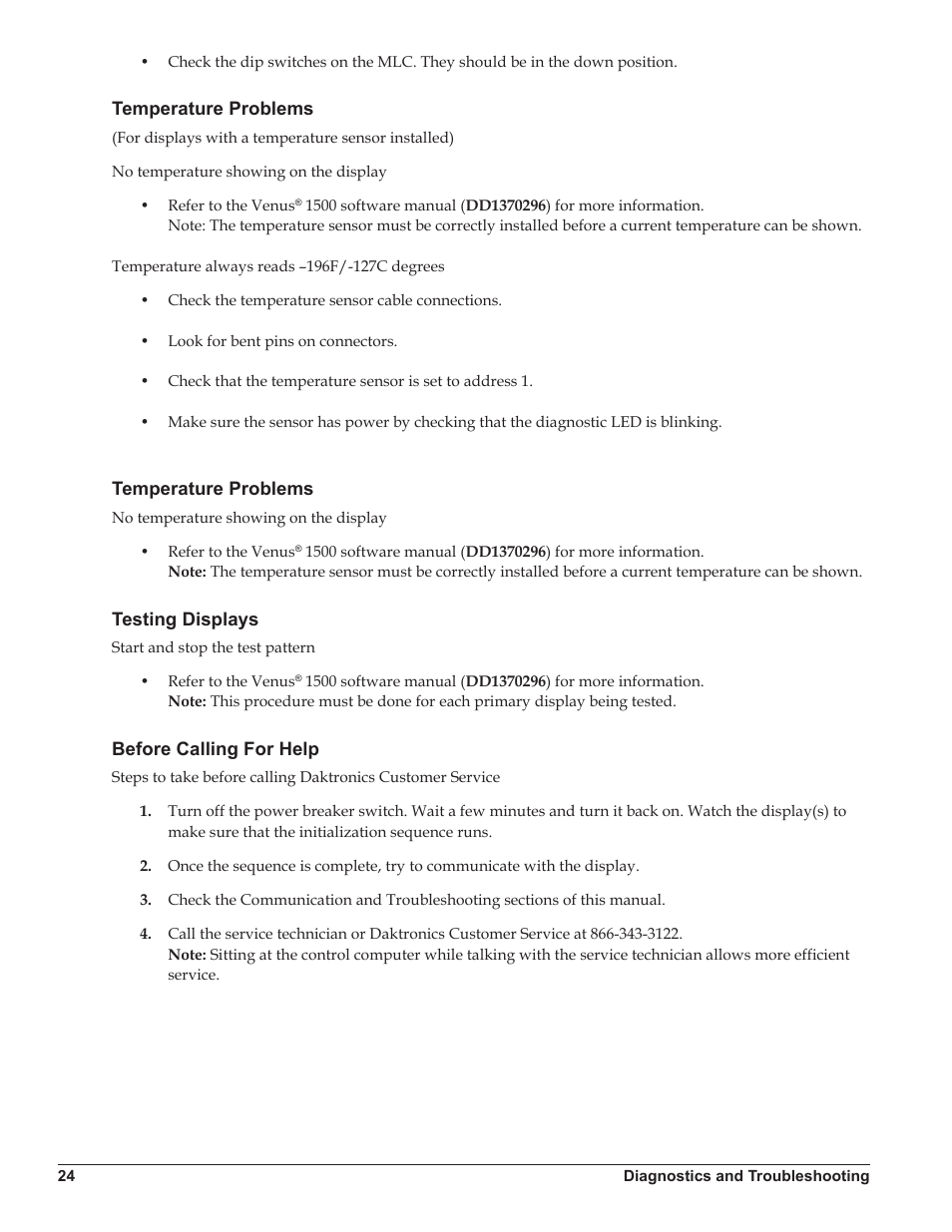 Temperature problems, Testing displays, Before calling for help | Daktronics Galaxy AF-3500/3550 User Manual | Page 28 / 47