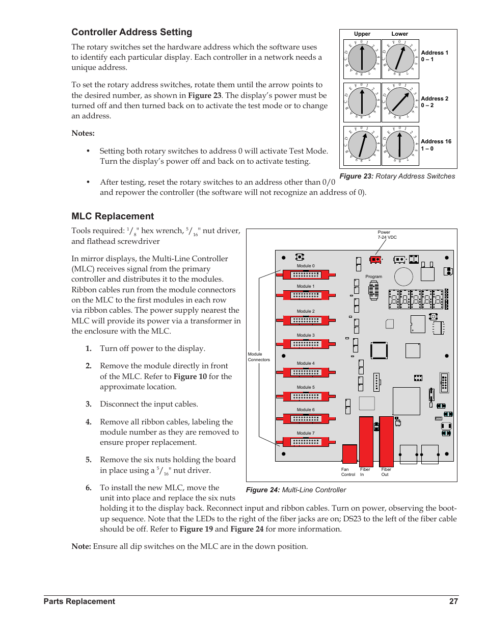 Controller address setting, Mlc replacement, Controller address setting mlc replacement | Parts replacement 27, Tools required, Hex wrench, Figure 23: rotary address switches, Figure 24: multi-line controller | Daktronics Galaxy AF-3500/3550 User Manual | Page 31 / 47