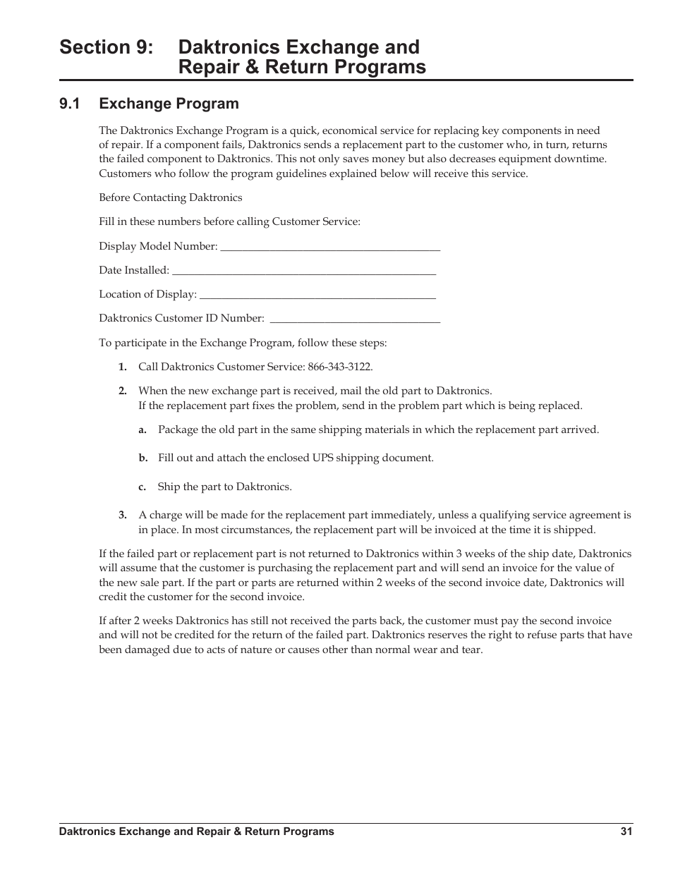 Section 9, Daktronics exchange and repair & return programs, 1 exchange program | Daktronics Galaxy AF-3500/3550 User Manual | Page 35 / 47