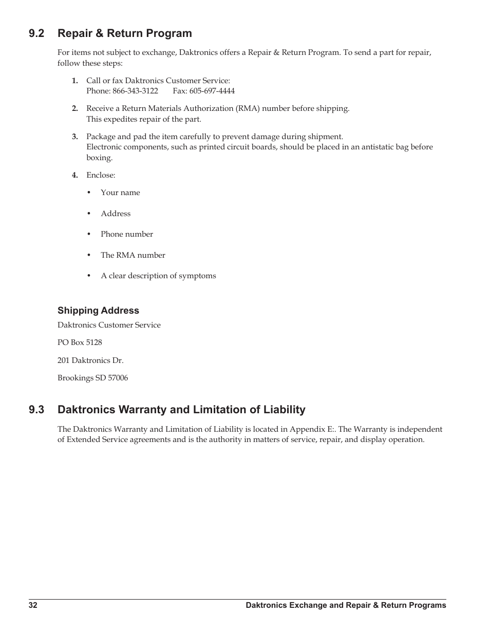 2 repair & return program, Shipping address, 3 daktronics warranty and limitation of liability | Repair & return program, Daktronics warranty and limitation of liability | Daktronics Galaxy AF-3500/3550 User Manual | Page 36 / 47