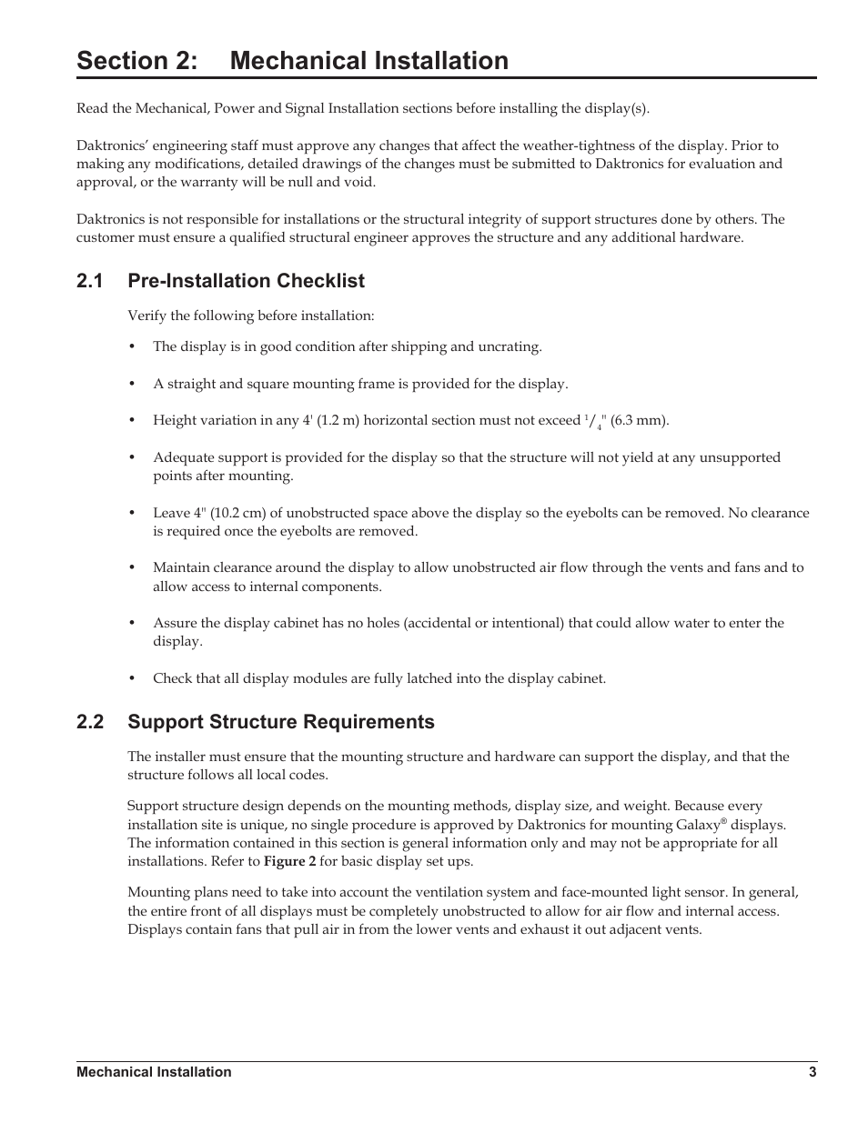 Section 2: mechanical installation, 1 pre-installation checklist, 2 support structure requirements | Section 2, Mechanical installation, Pre-installation checklist, Support structure requirements | Daktronics Galaxy AF-3500/3550 User Manual | Page 7 / 47