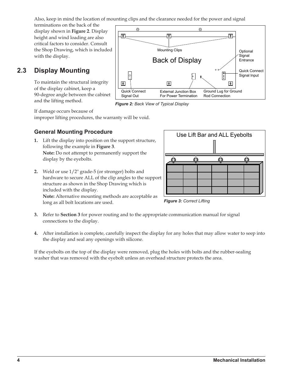 3 display mounting, General mounting procedure, Display mounting | Back of display, Use lift bar and all eyebolts | Daktronics Galaxy AF-3500/3550 User Manual | Page 8 / 47