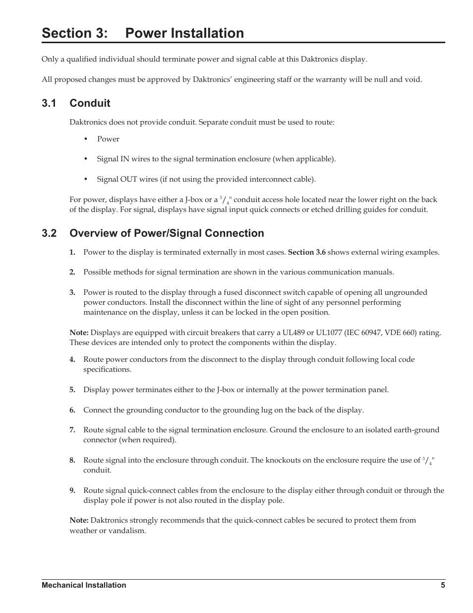 Section 3: power installation, 1 conduit, 2 overview of power/signal connection | Section 3, Power installation, 1 conduit 3.2, Overview of power/signal connection | Daktronics Galaxy AF-3500/3550 User Manual | Page 9 / 47