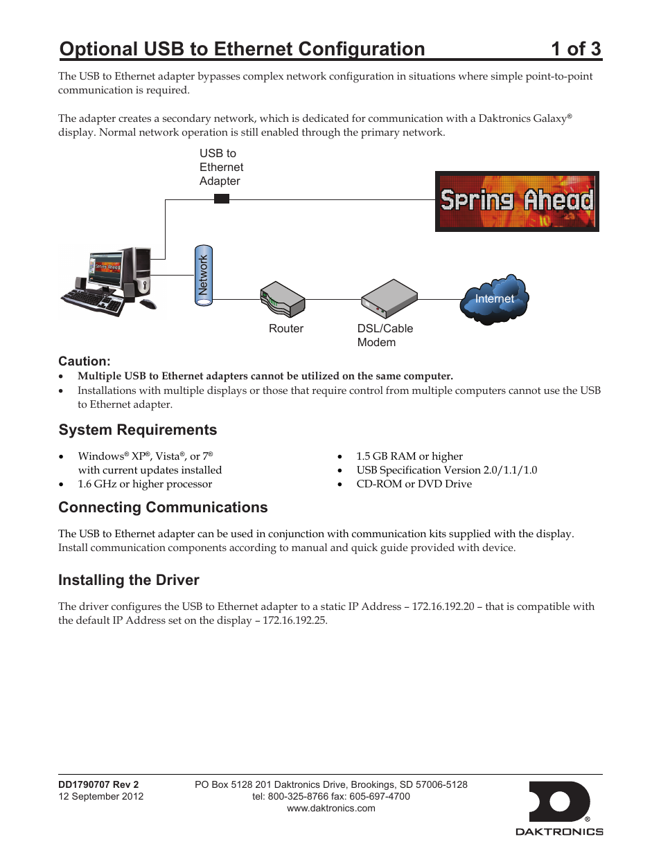 Daktronics Optional USB to Ethernet Configuration User Manual | 3 pages
