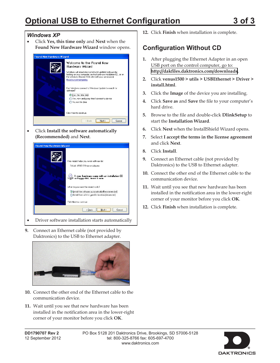 Optional usb to ethernet configuration 3 of 3, Configuration without cd | Daktronics Optional USB to Ethernet Configuration User Manual | Page 3 / 3