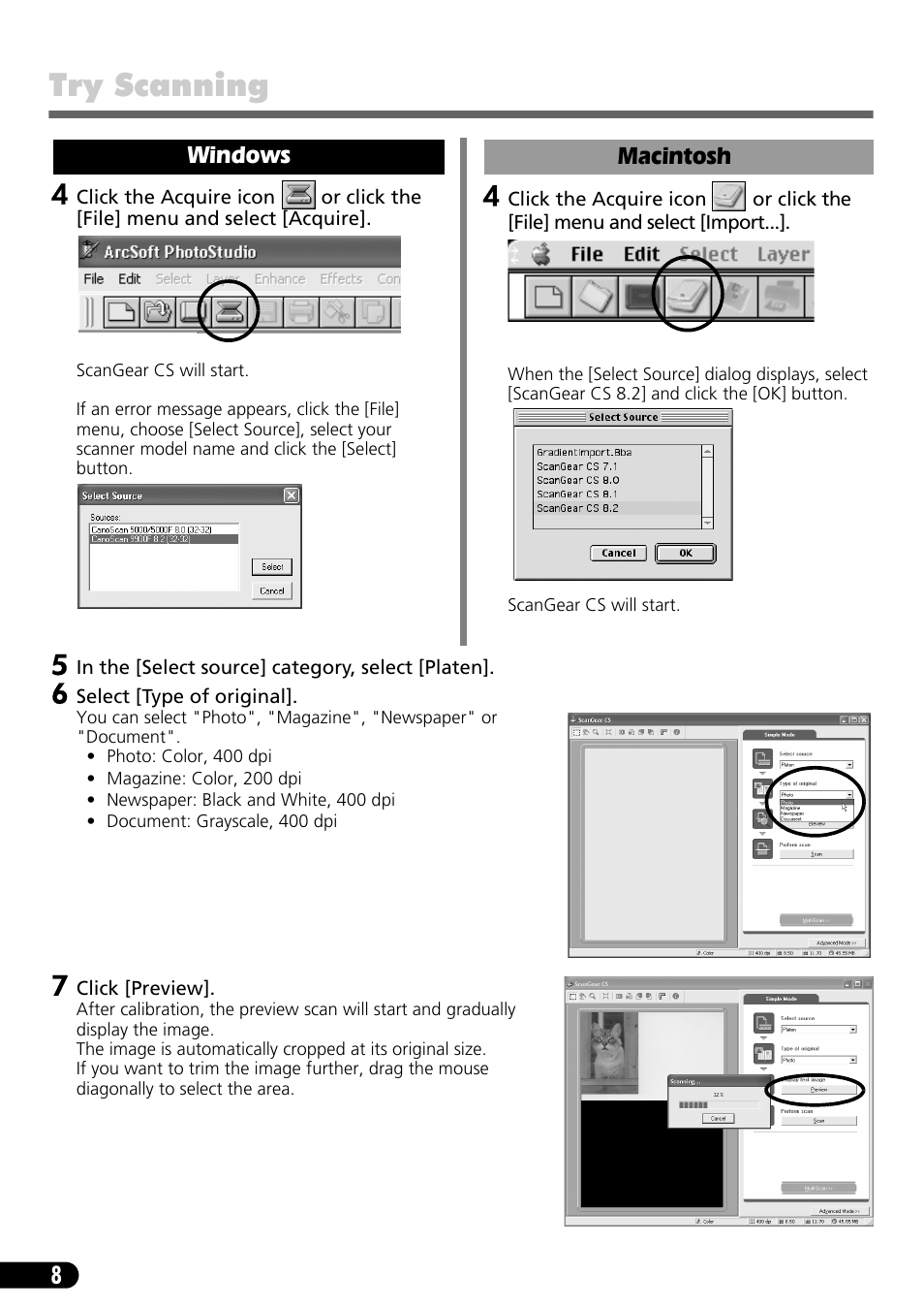 Try scanning, Windows, Macintosh | Canon 9900F User Manual | Page 10 / 19