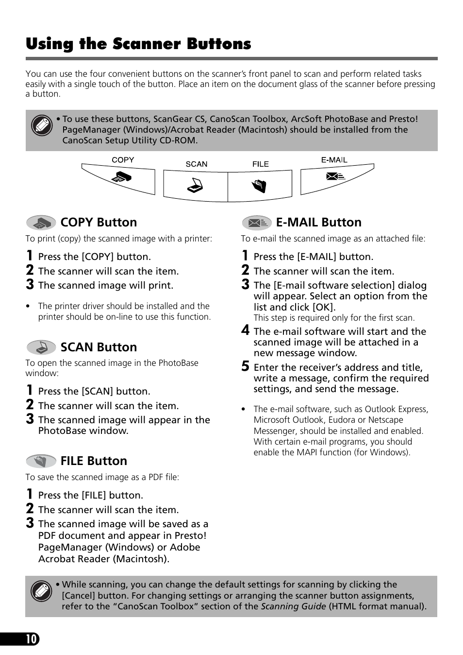 Using the scanner buttons | Canon 9900F User Manual | Page 12 / 19