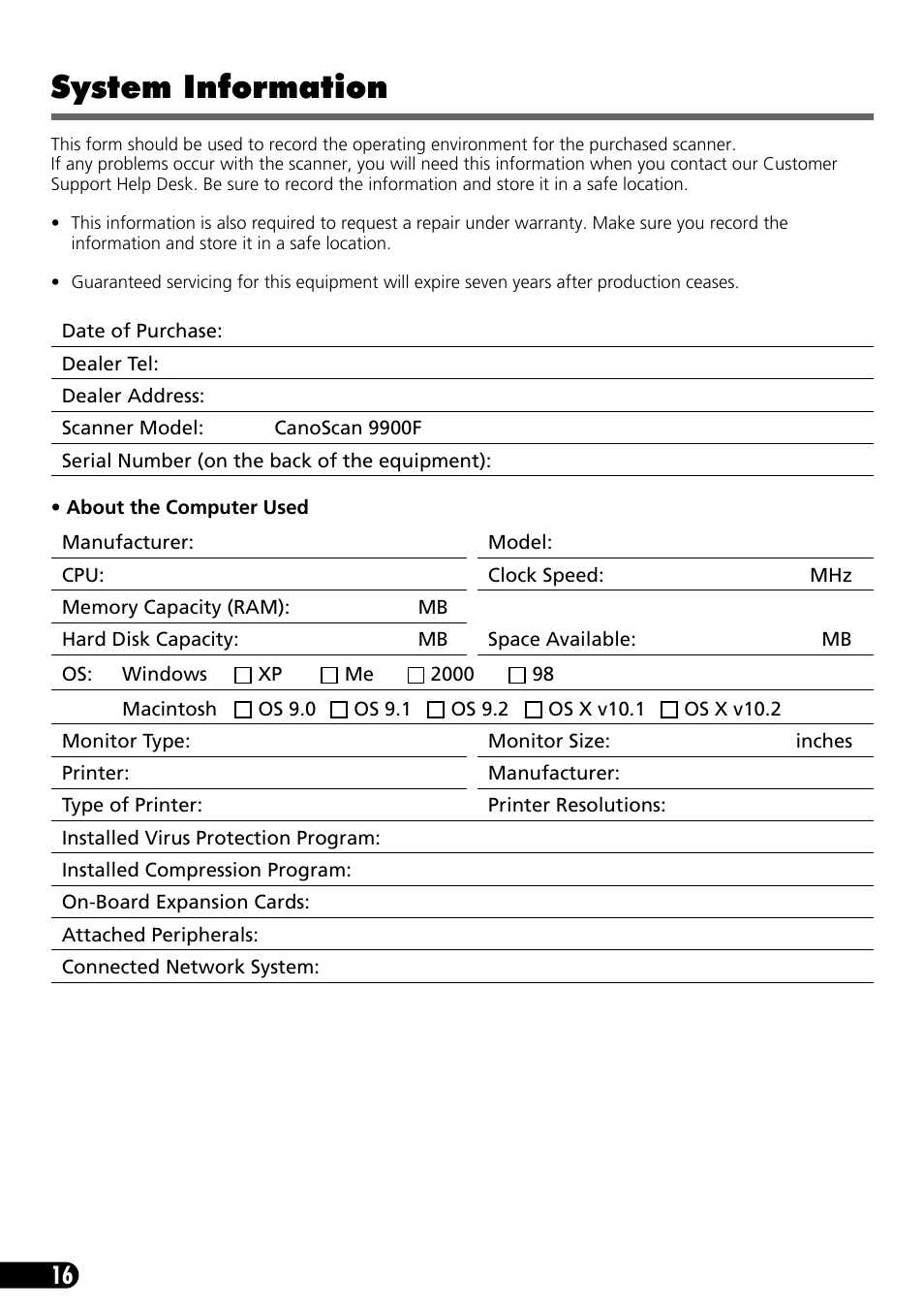 System information | Canon 9900F User Manual | Page 18 / 19