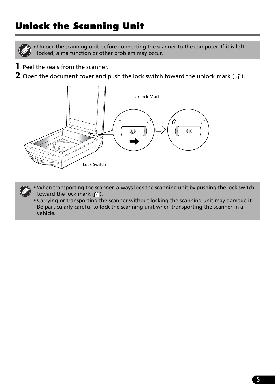 Unlock the scanning unit | Canon 9900F User Manual | Page 7 / 19