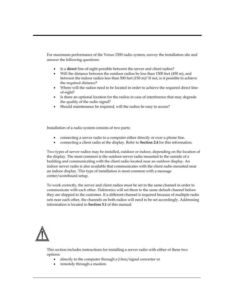 Installation guidelines, Site survey, Server radio installation | Installing a server radio, Section 2, 1 site survey, 2 server radio installation, 3 installing a server radio | Daktronics Venus 1500 Radio – Gen 2 User Manual | Page 11 / 45