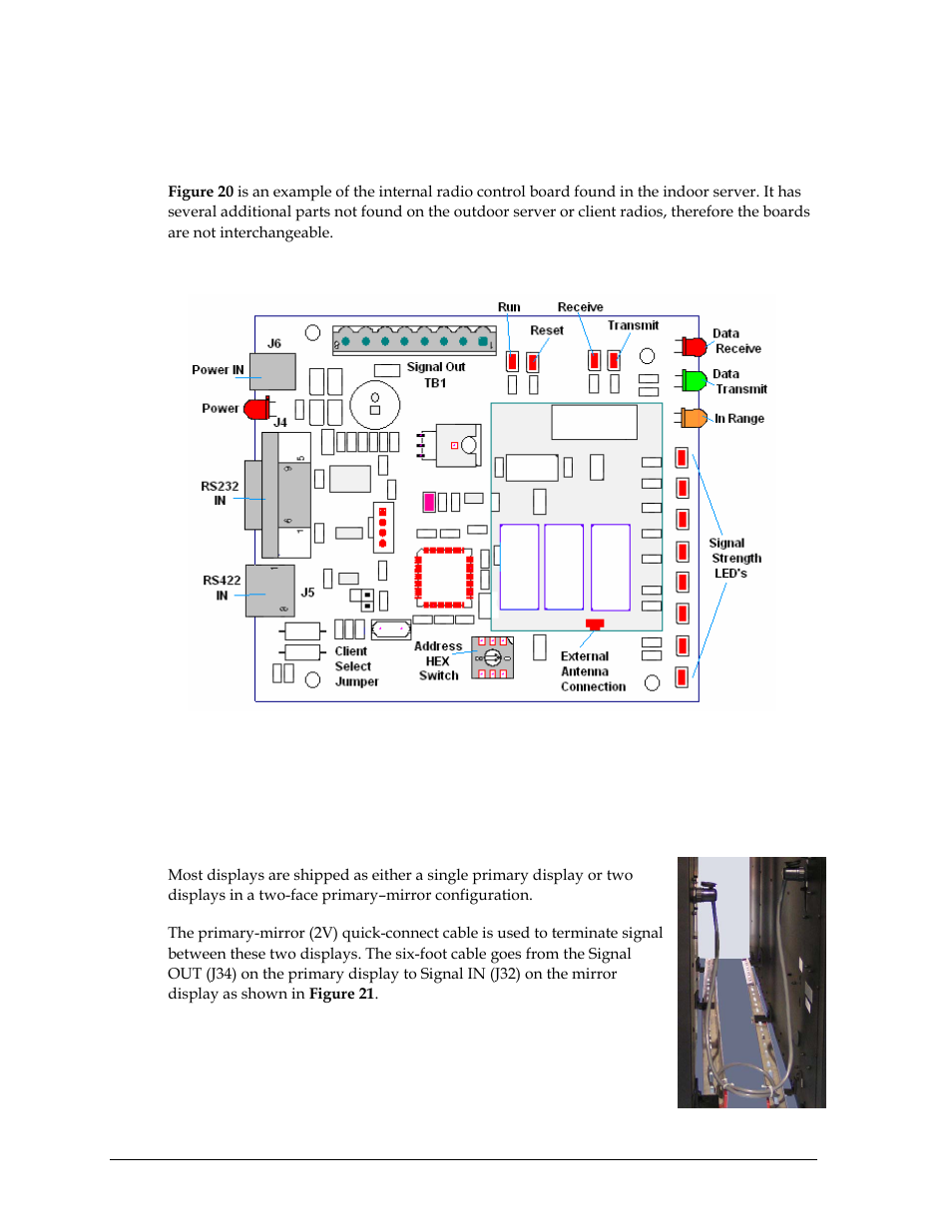 Indoor radio server board, Signal termination between two displays, Primary  mirror | Primary - mirror, 7 indoor radio server board, 8 signal termination between two displays | Daktronics Venus 1500 Radio – Gen 2 User Manual | Page 22 / 45