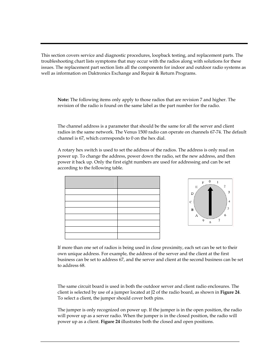Maintenance and troubleshooting, Service and diagnostics, Addressing | Server/client selection, Section 3, 1 service and diagnostics | Daktronics Venus 1500 Radio – Gen 2 User Manual | Page 25 / 45