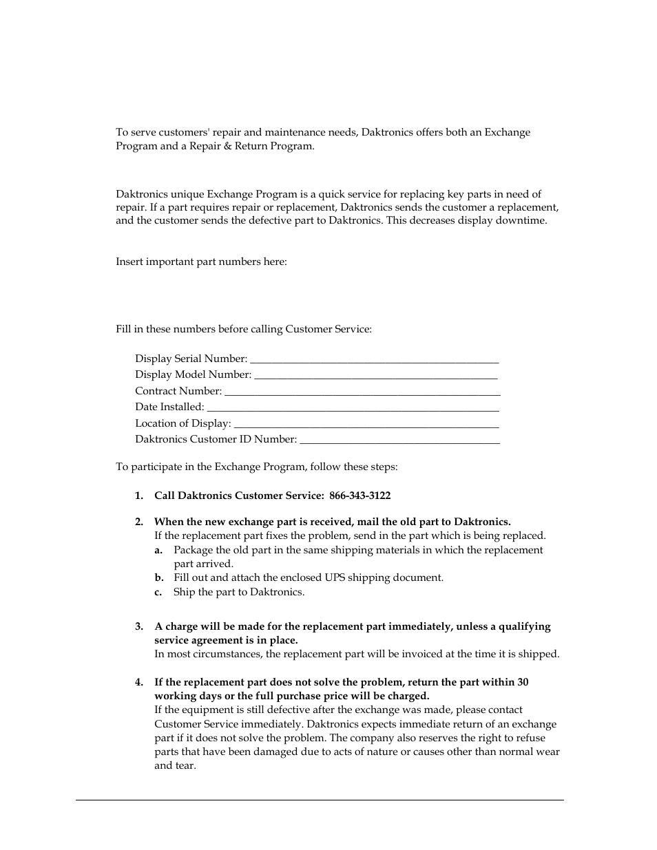 Daktronics exchange and repair & return programs, Exchange program, 5 daktronics exchange and repair & return programs | Daktronics Venus 1500 Radio – Gen 2 User Manual | Page 32 / 45