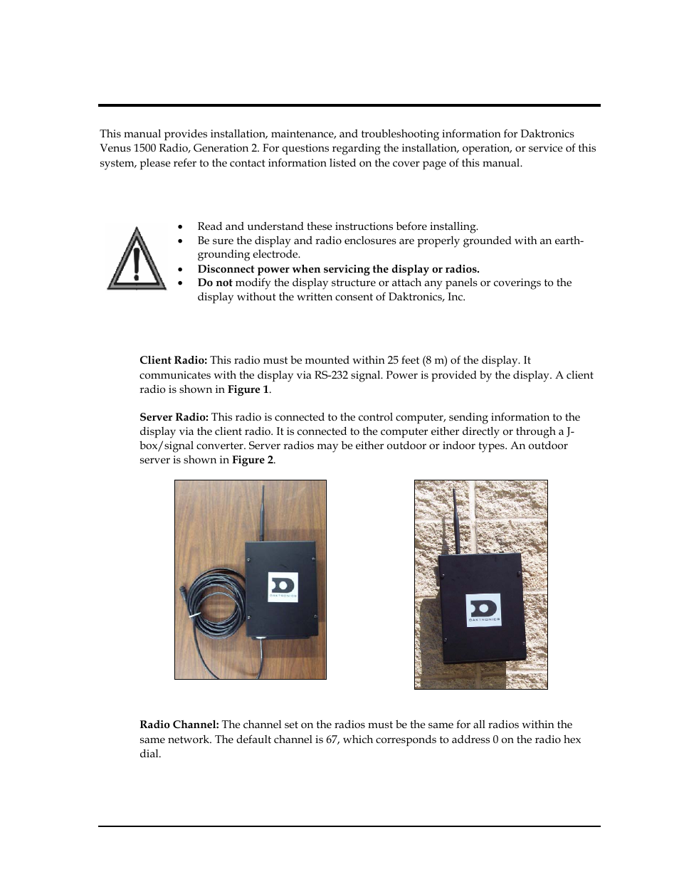 Introduction, Safety precautions, Component identification | Section 1, 1 safety precautions, 2 component identification | Daktronics Venus 1500 Radio – Gen 2 User Manual | Page 5 / 45