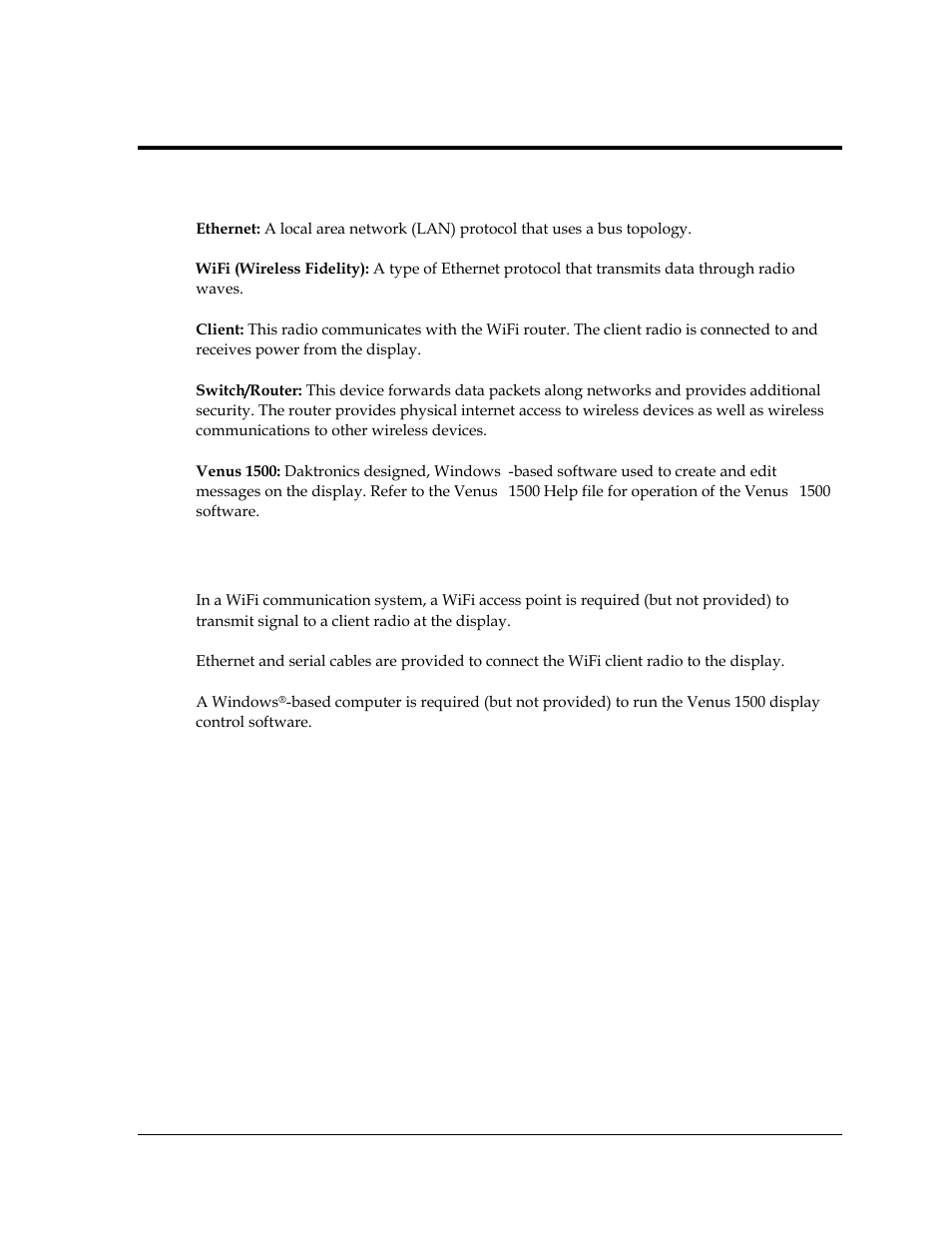 Section 1: introduction, 1 component identification, 2 system/cable requirements | Section 1, Introduction, Component identification, System/cable requirements | Daktronics WiFi Communication User Manual | Page 7 / 13