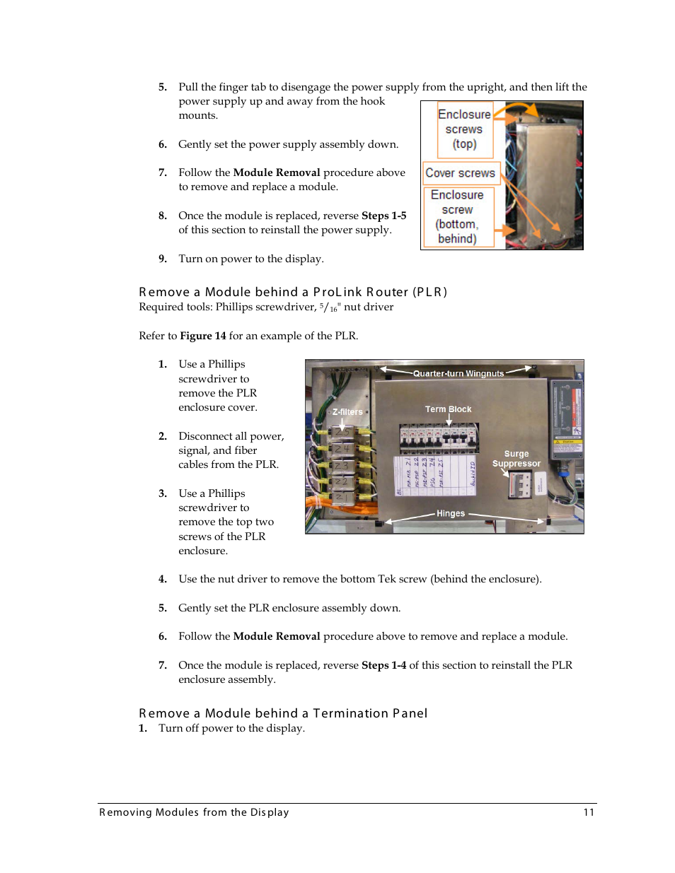 Remove a module behind a prolink router (plr), Remove a module behind a termination panel | Daktronics 4000 Series Digital Billboard User Manual | Page 17 / 43