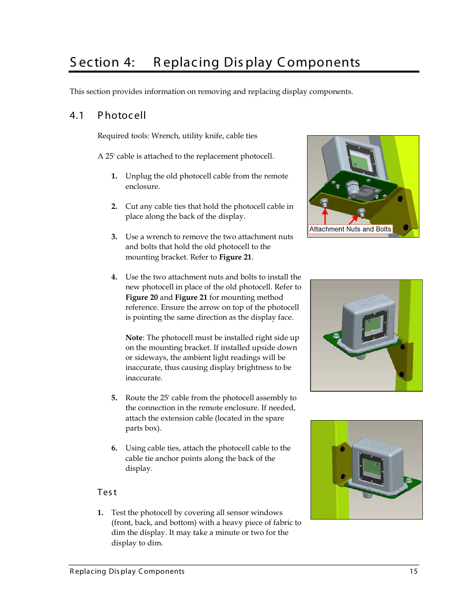 Section 4: replacing display components, 1 photocell, Test | Section 4, Replacing display components, Photocell, S ection 4: r eplacing dis play c omponents, 1 p hotocell | Daktronics 4000 Series Digital Billboard User Manual | Page 21 / 43