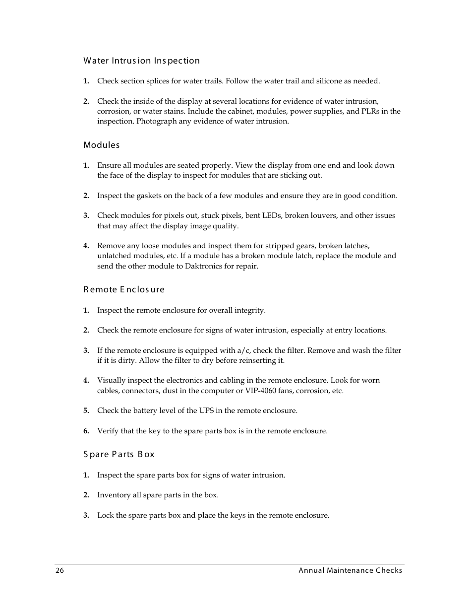 Water intrusion inspection, Modules, Remote enclosure | Spare parts box | Daktronics 4000 Series Digital Billboard User Manual | Page 32 / 43