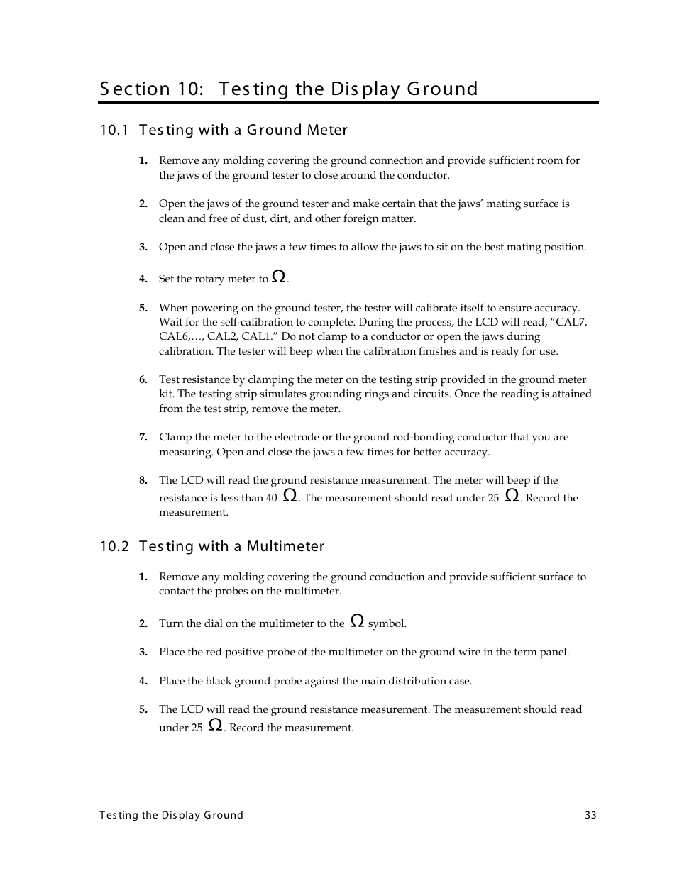 Section 10: testing the display ground, 1 testing with a ground meter, 2 testing with a multimeter | Section 10, Testing the display ground, Testing with a ground meter, Testing with a multimeter, S ection 10: tes ting the dis play g round, 1 tes ting with a g round meter, 2 tes ting with a multimeter | Daktronics 4000 Series Digital Billboard User Manual | Page 39 / 43
