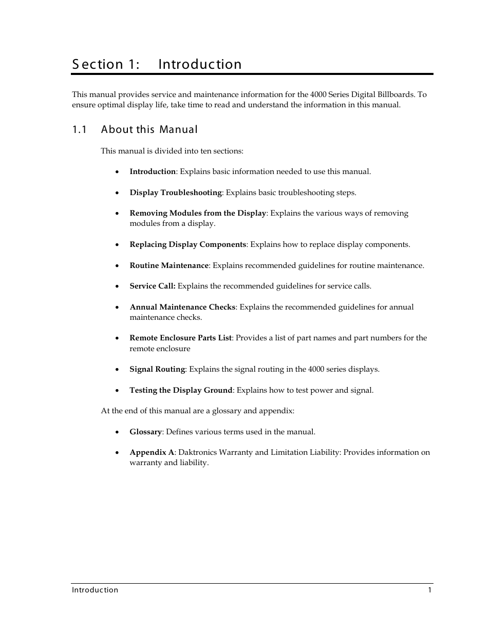 Section 1: introduction, 1 about this manual, Section 1 | Introduction, About this manual, S ection 1: introduction | Daktronics 4000 Series Digital Billboard User Manual | Page 7 / 43