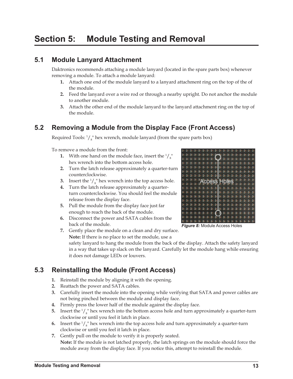 1 module lanyard attachment, 3 reinstalling the module (front access) | Daktronics 4200 Series Digital Billboard User Manual | Page 17 / 39