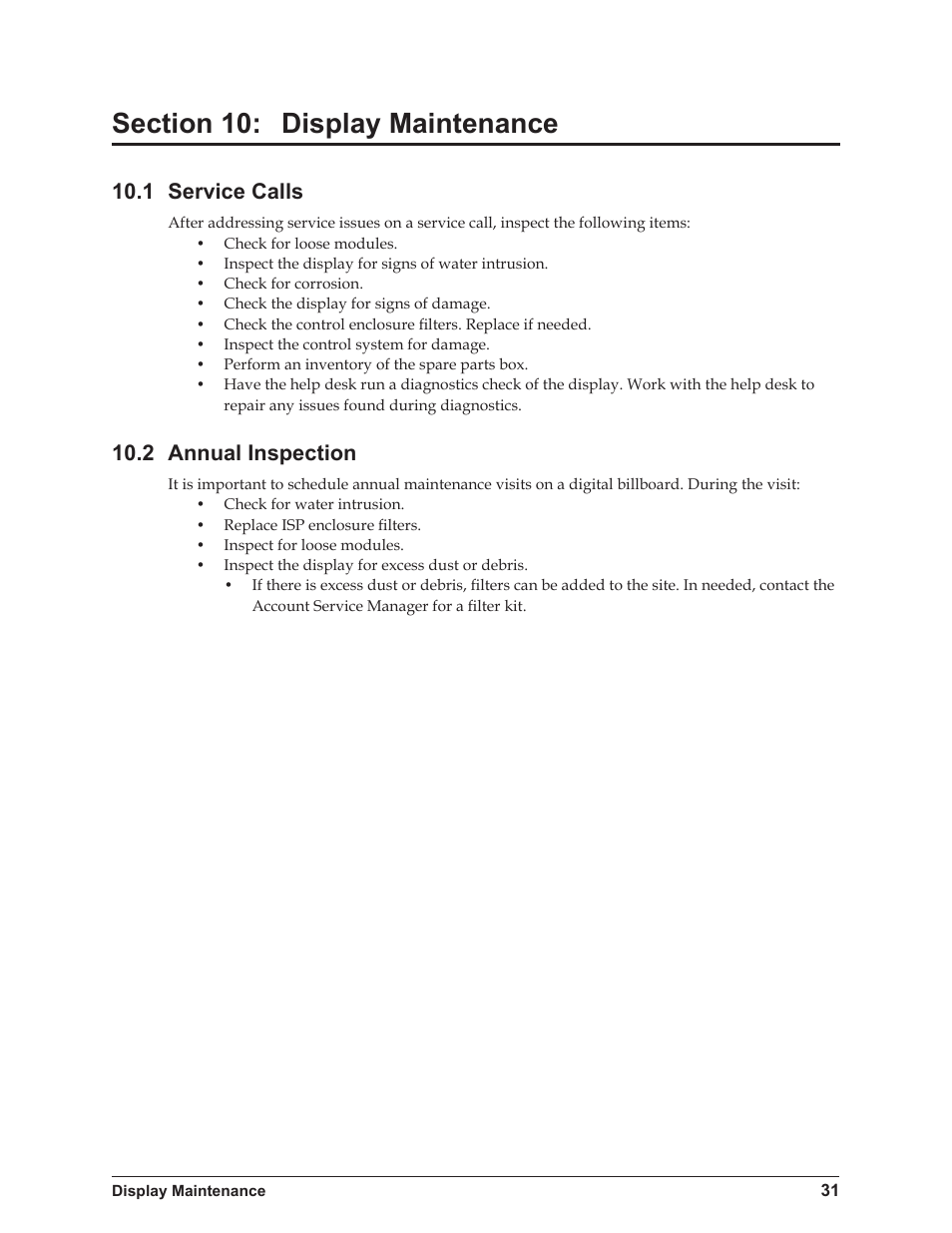 1 service calls, 2 annual inspection | Daktronics 4200 Series Digital Billboard User Manual | Page 35 / 39