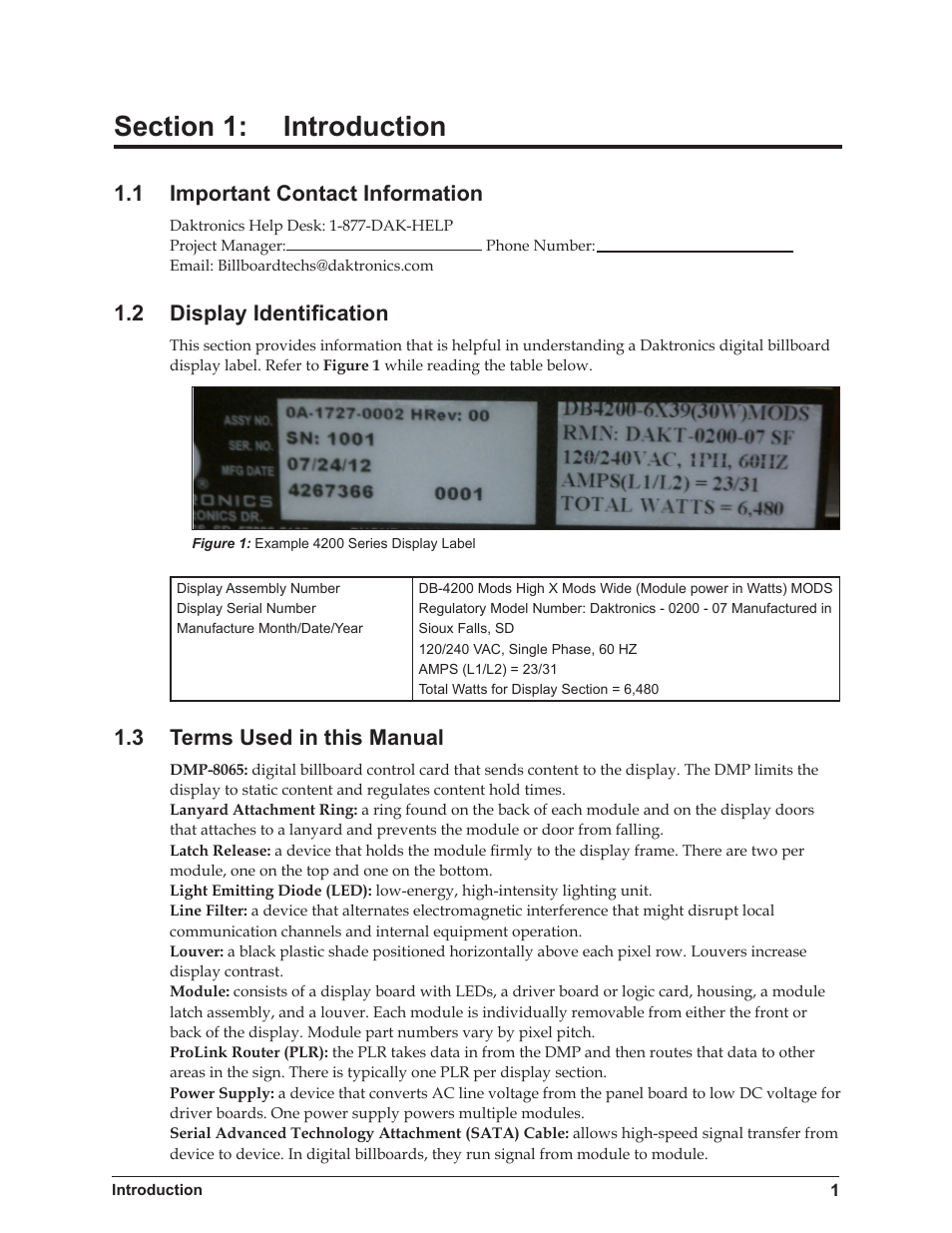 1 important contact information, 2 display identification, 3 terms used in this manual | Daktronics 4200 Series Digital Billboard User Manual | Page 5 / 39