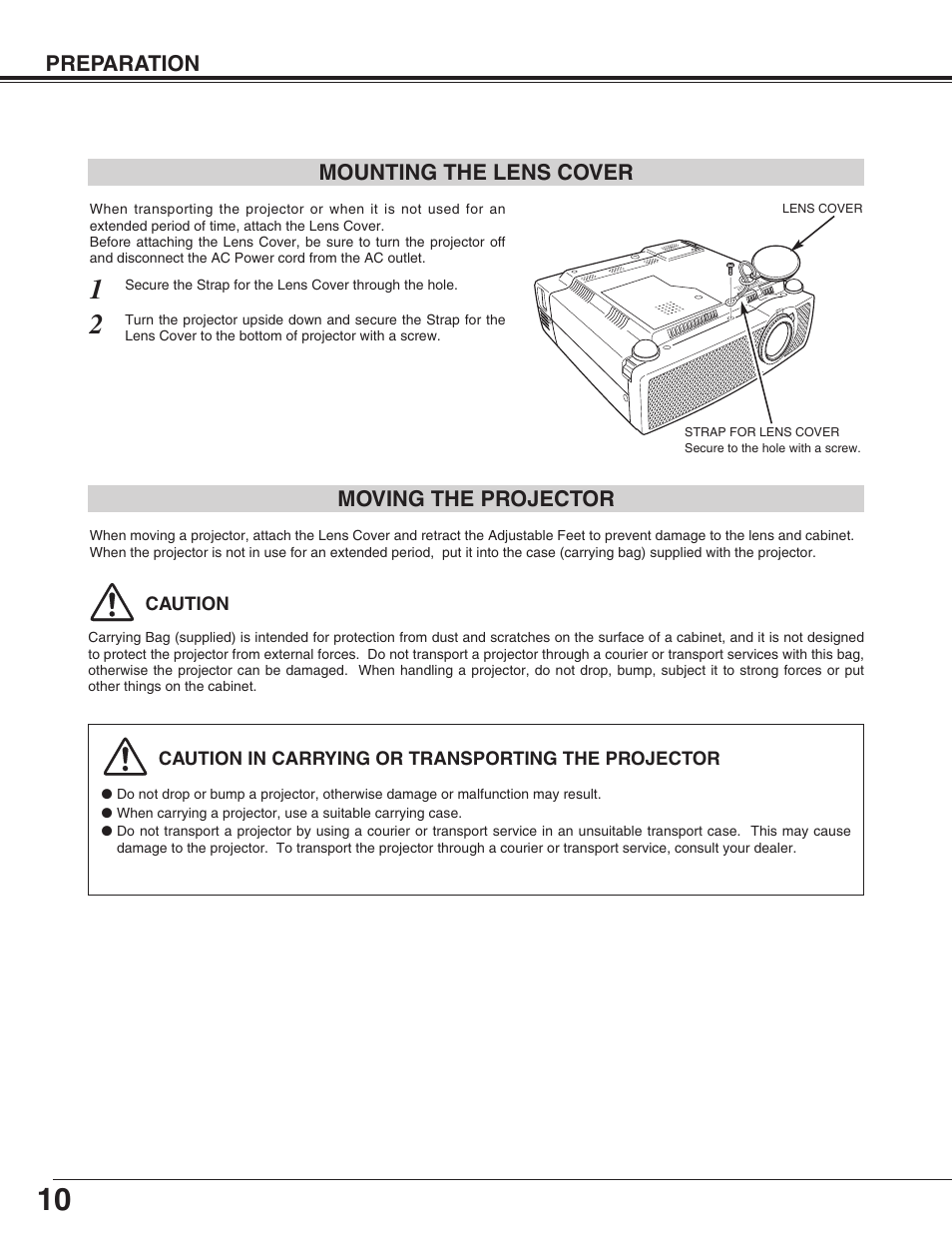 Preparation, Moving the projector, Mounting the lens cover | Canon LV-X2 User Manual | Page 10 / 44