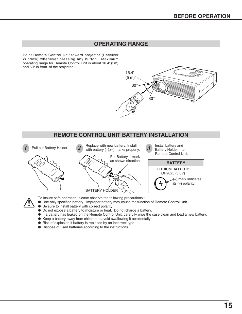 Before operation, Remote control unit battery installation, Operating range | Canon LV-X2 User Manual | Page 15 / 44