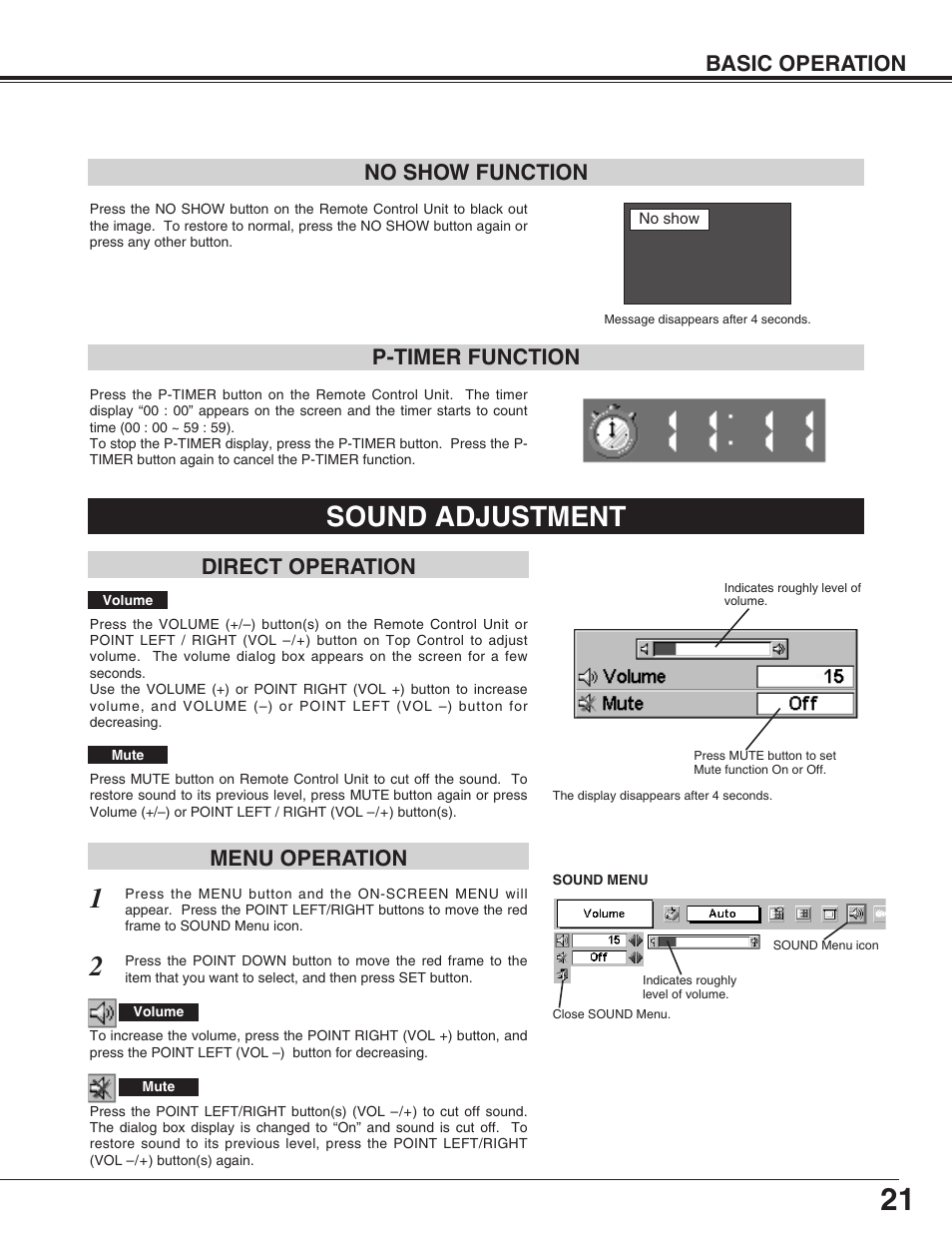 Sound adjustment, Basic operation, No show function | P-timer function, Direct operation menu operation | Canon LV-X2 User Manual | Page 21 / 44