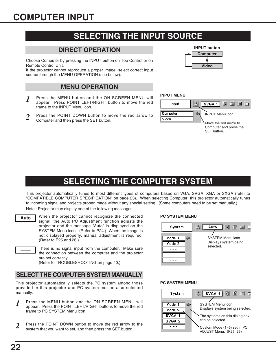 22 computer input, Selecting the input source, Selecting the computer system | Canon LV-X2 User Manual | Page 22 / 44