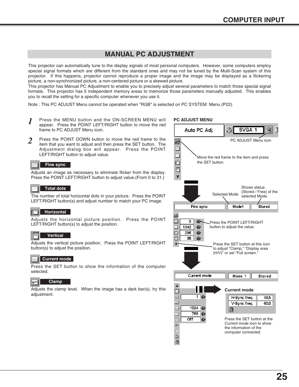 Computer input manual pc adjustment | Canon LV-X2 User Manual | Page 25 / 44