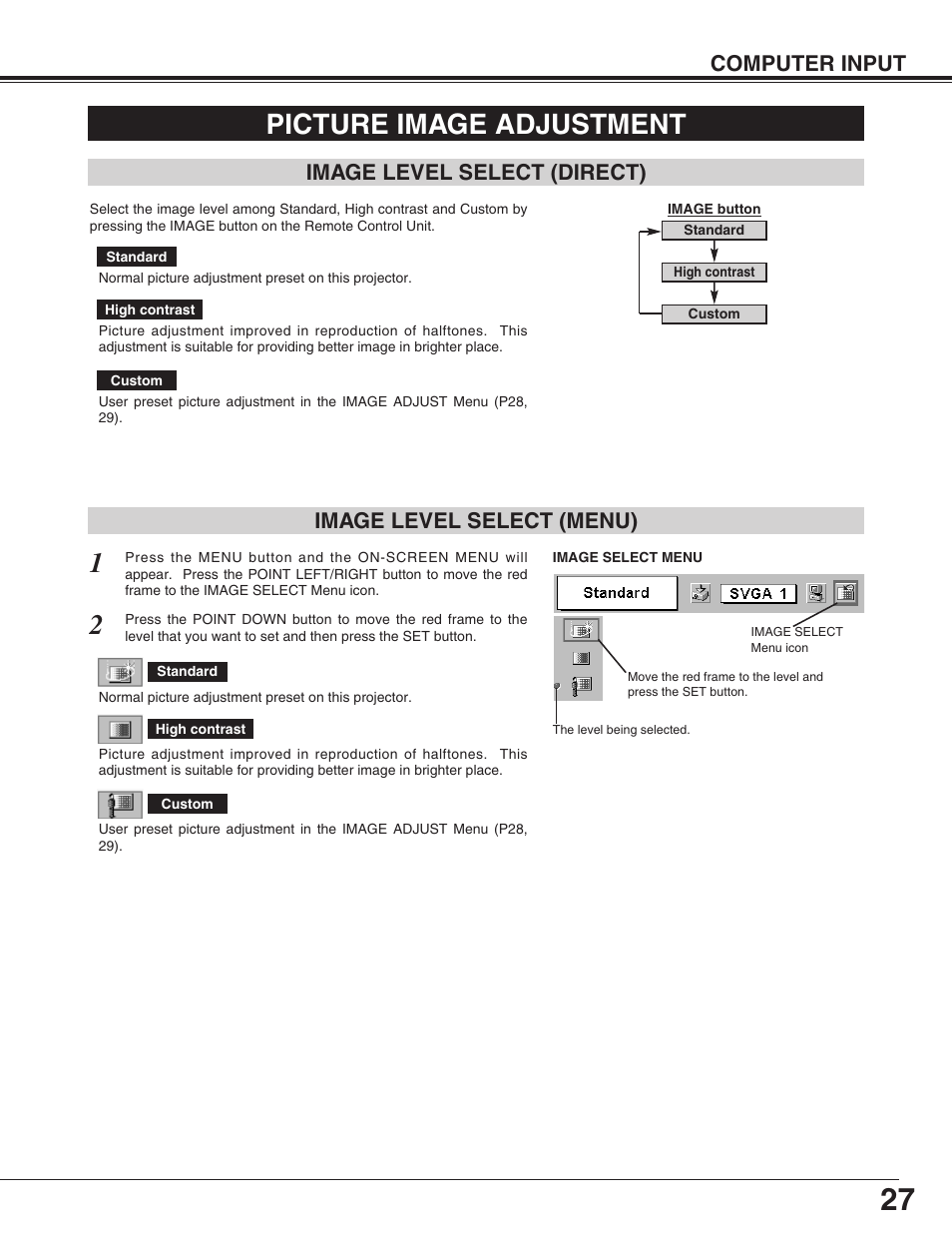 Picture image adjustment, Computer input | Canon LV-X2 User Manual | Page 27 / 44