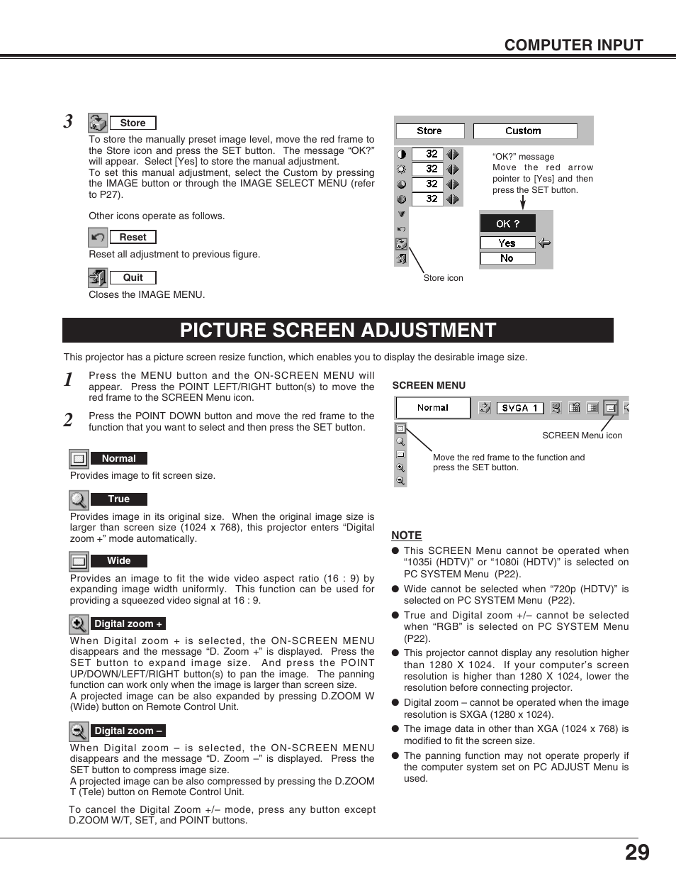 Picture screen adjustment, Computer input | Canon LV-X2 User Manual | Page 29 / 44